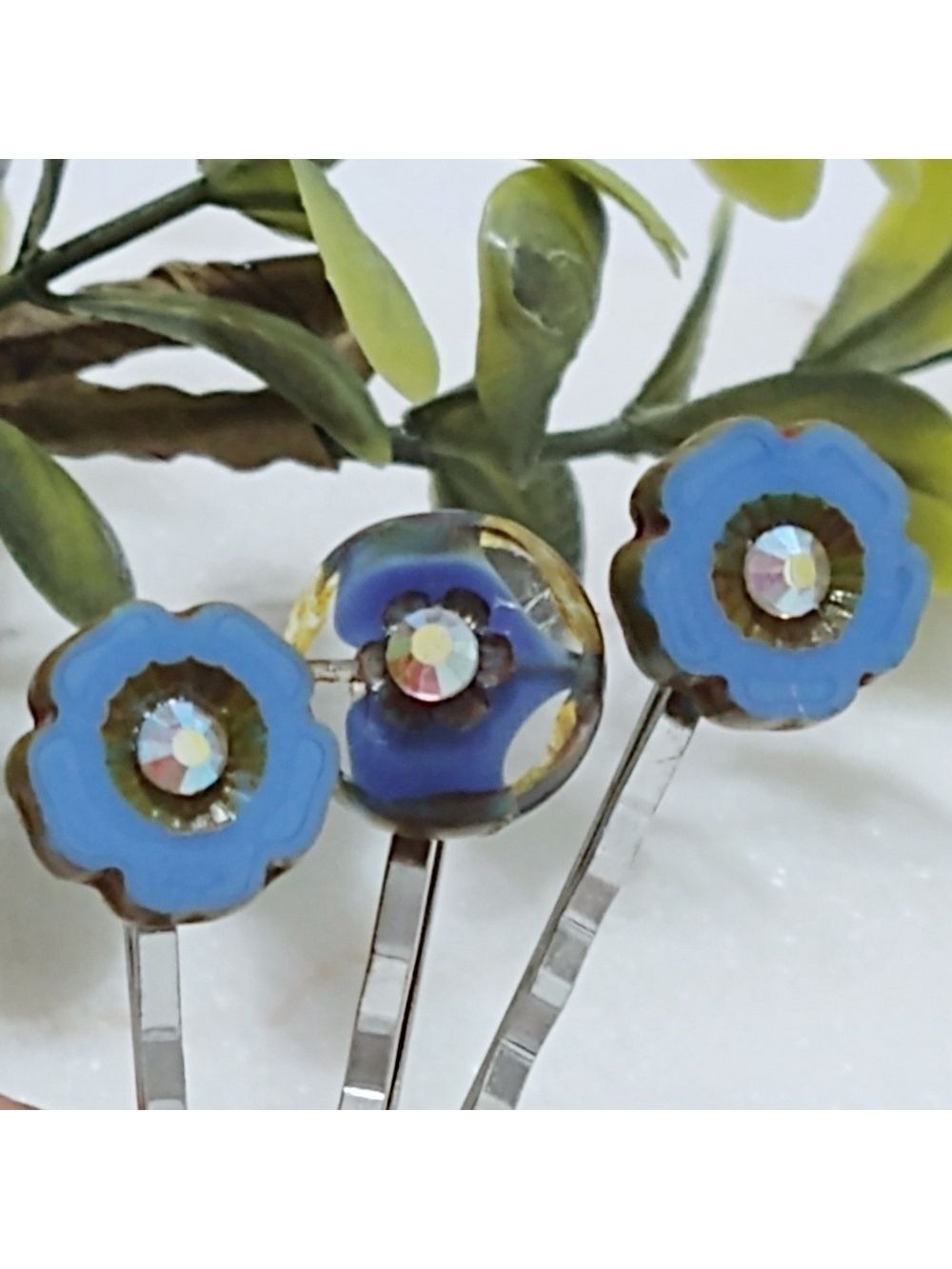 Floral Boho Rhinestone Czech Glass Blue Bead Hair Pin Set - Picture 7 of 8